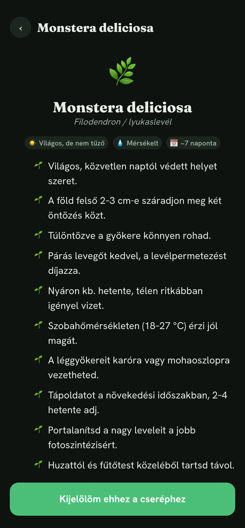 SaveThatPlant app: növény kiválasztása és gondozási leírás