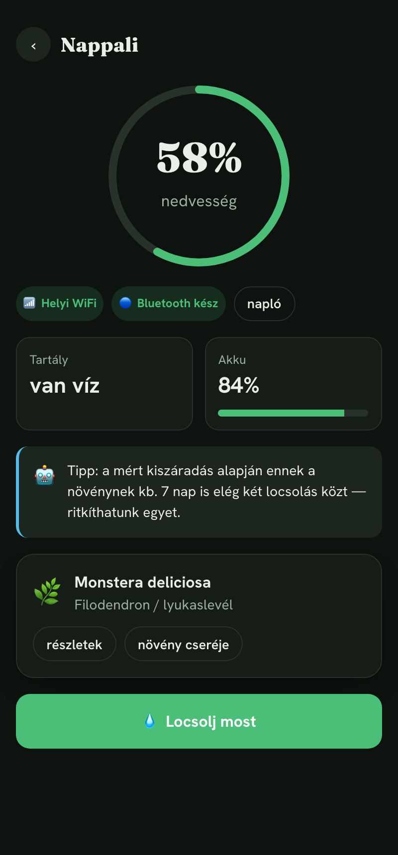 SaveThatPlant app: egy cserép részletei, nedvesség-gyűrű, tartály, akku és AI-tipp