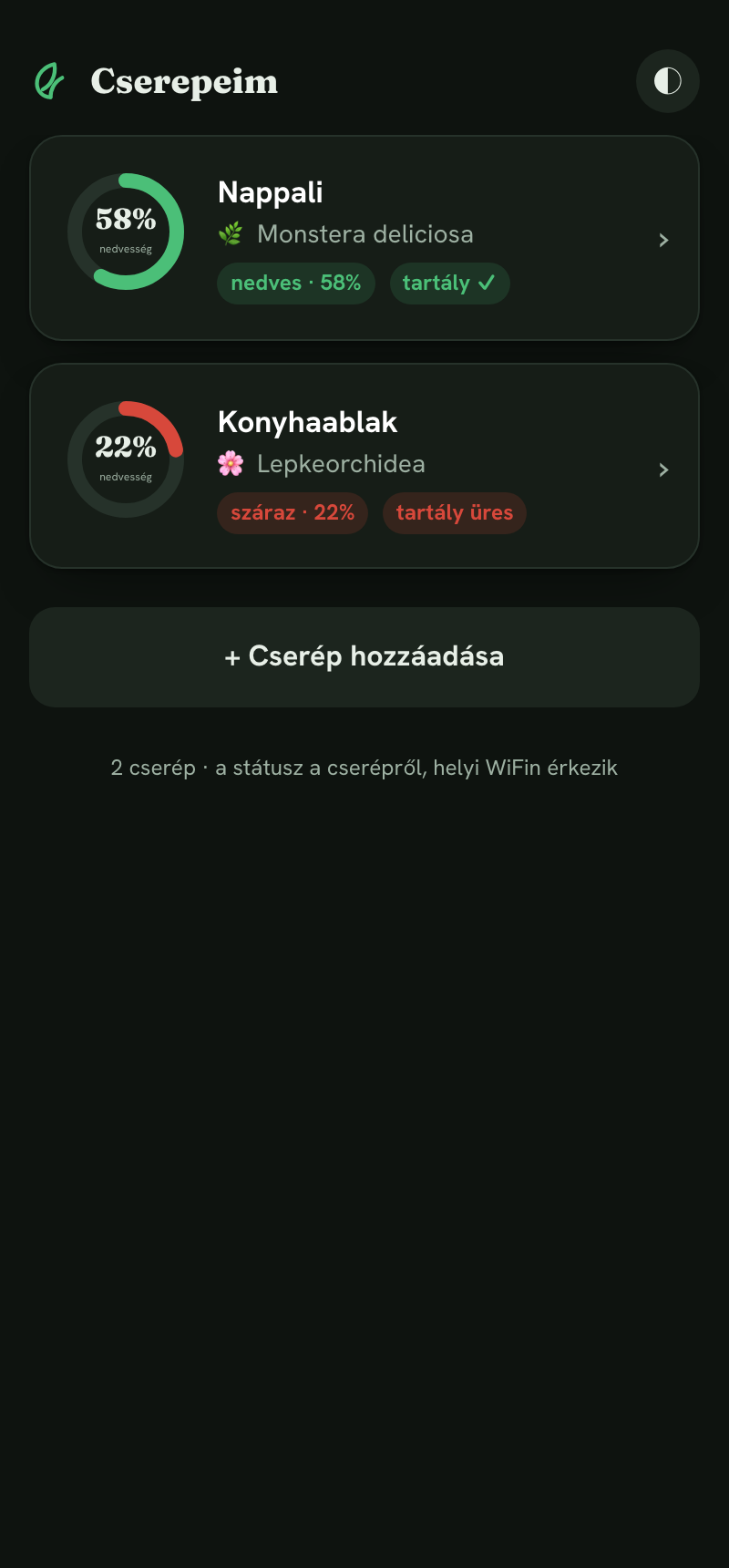 SaveThatPlant app: a cserepeim listája nedvesség- és tartály-állapottal